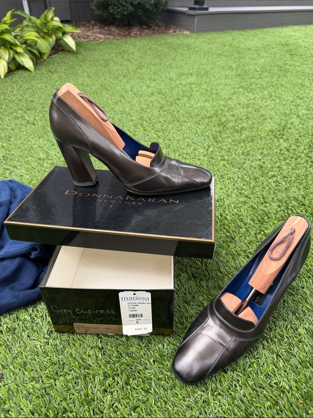 Donna Karan Metallic Gray Leather Block Heel Loafers